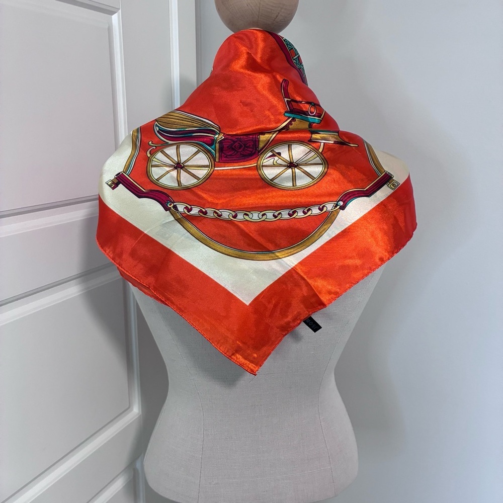 MOSI Orange, White & Gold Carriage-Print Silk-Feel Square Scarf - Picture 4 of 10